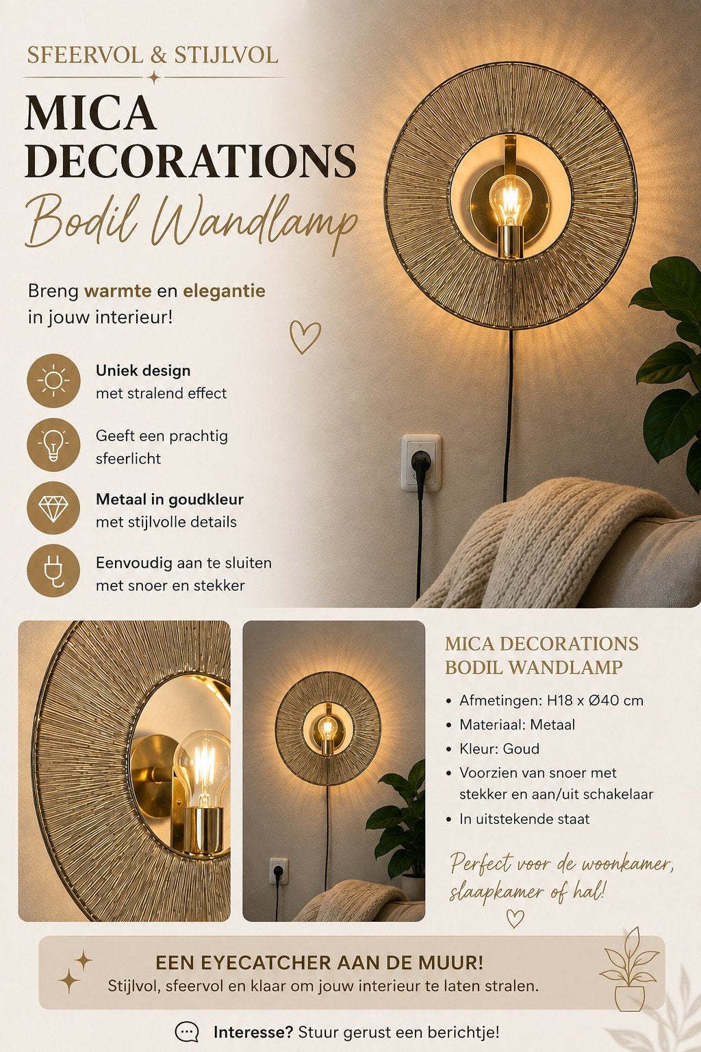 Mica Decorations Bodil Wandlamp - Goudkleurig Metaal, Huis en Inrichting, Met schakelaar, Zo goed als nieuw, Metaal, Wandlamp