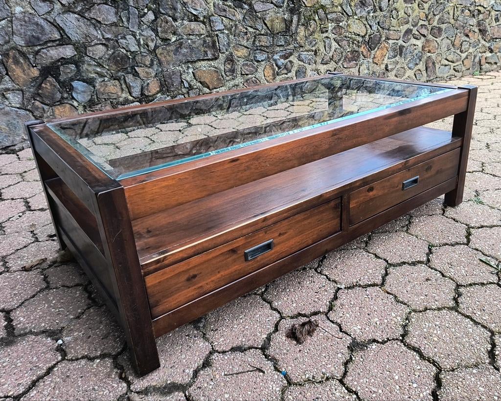Eiken salontafel met glasplaat, Ophalen, Gebruikt, 100 tot 150 cm, Eikenhout