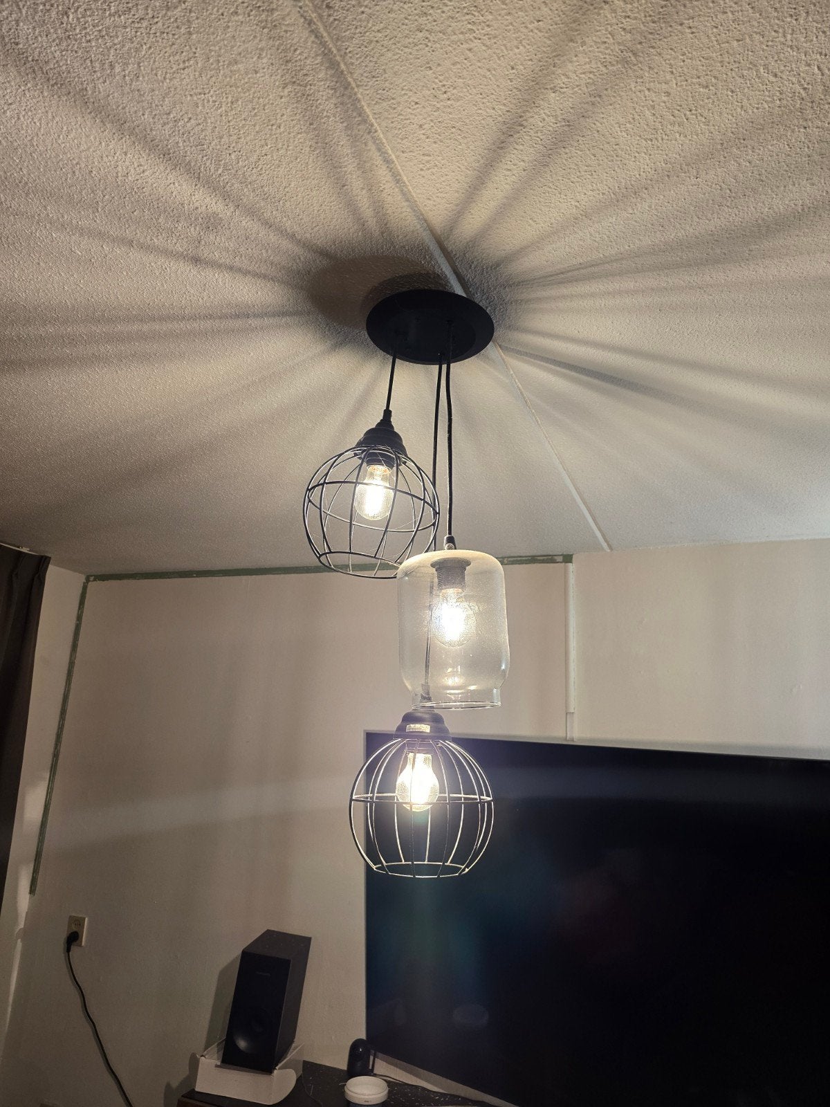 Hanglamp met 3 lampen - industrieel design, Huis en Inrichting, Ophalen, Gebruikt, E27 (groot), Glas