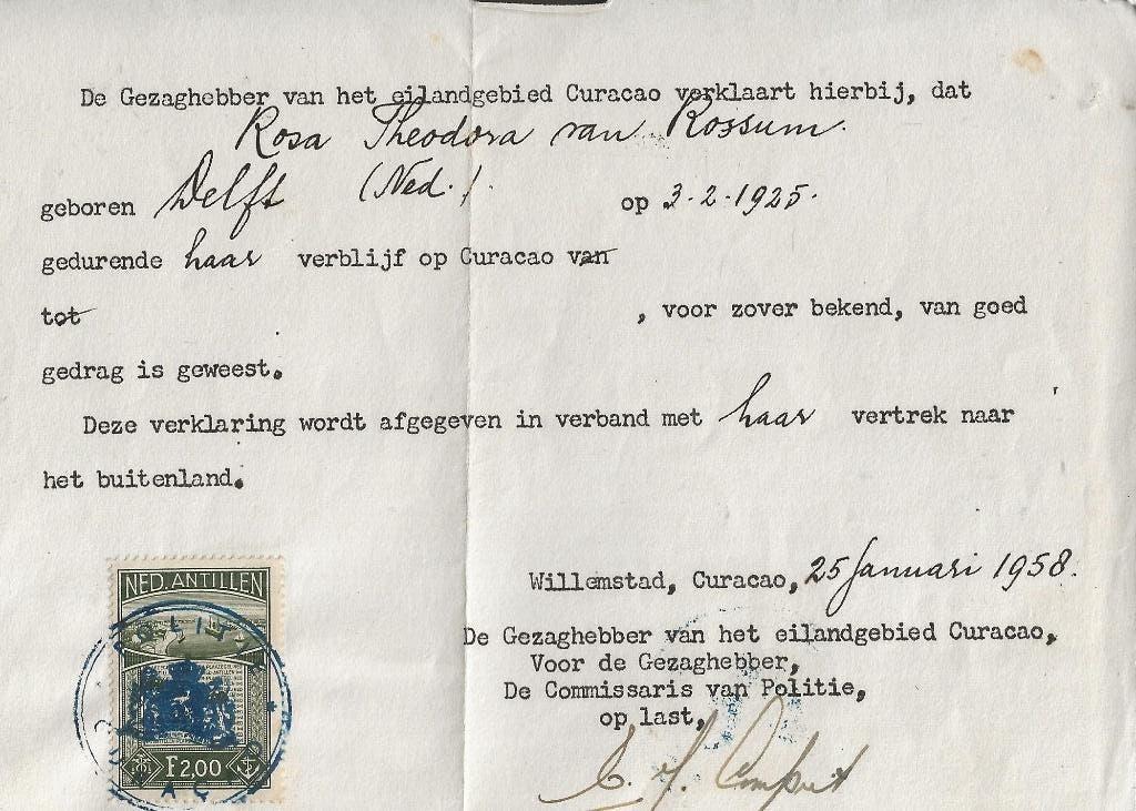 Curacao Verklaring van goed gedrag  Rosa v Rossum 25-1-1958, Ophalen of Verzenden, 1940 tot 1960, Gelopen, Buiten Europa