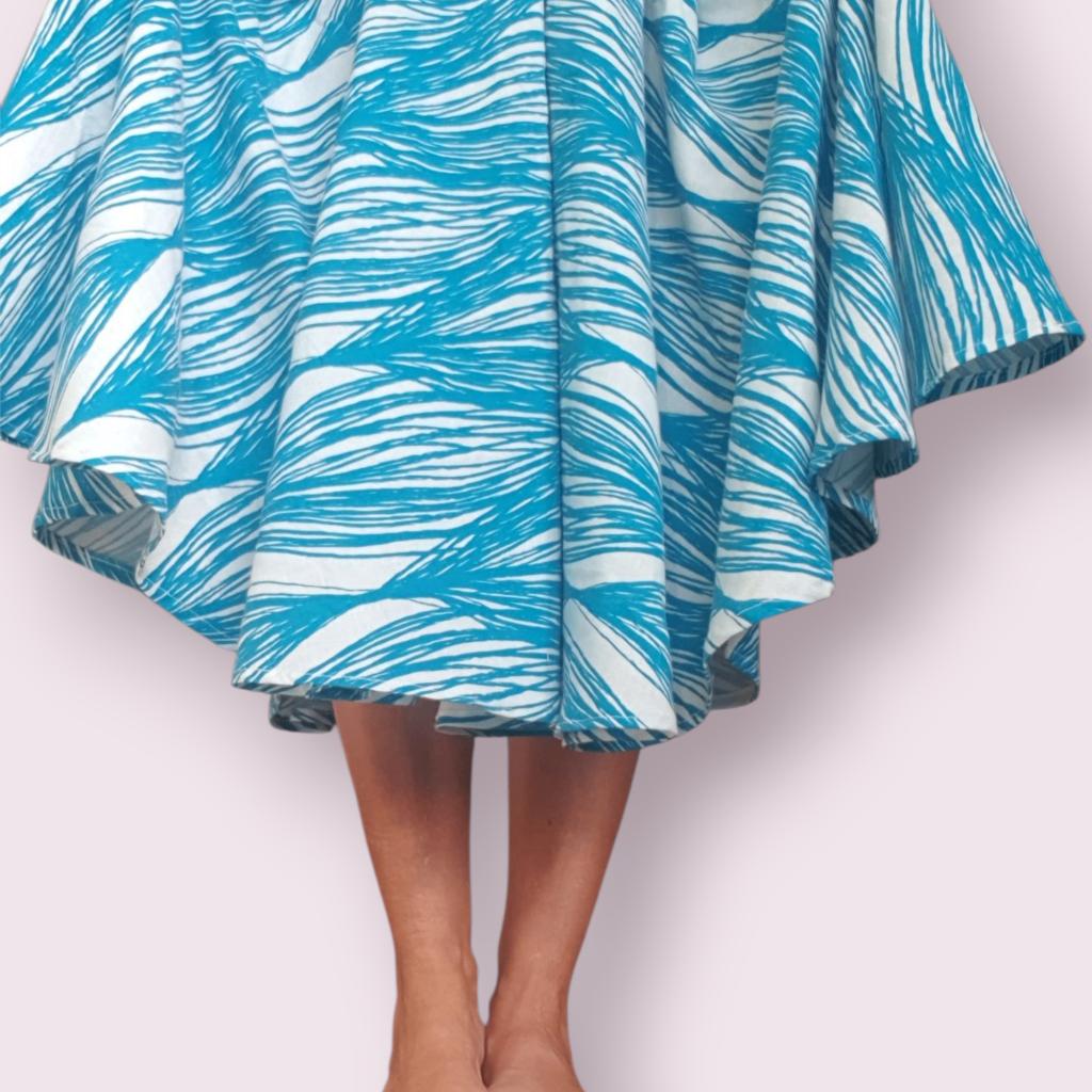 Swingrok cirkelrok blauw wit grafisch recycled mt 36 tm 44, Kleding | Dames, Rokken, Maat 38/40 (M), -, Blauw, -
