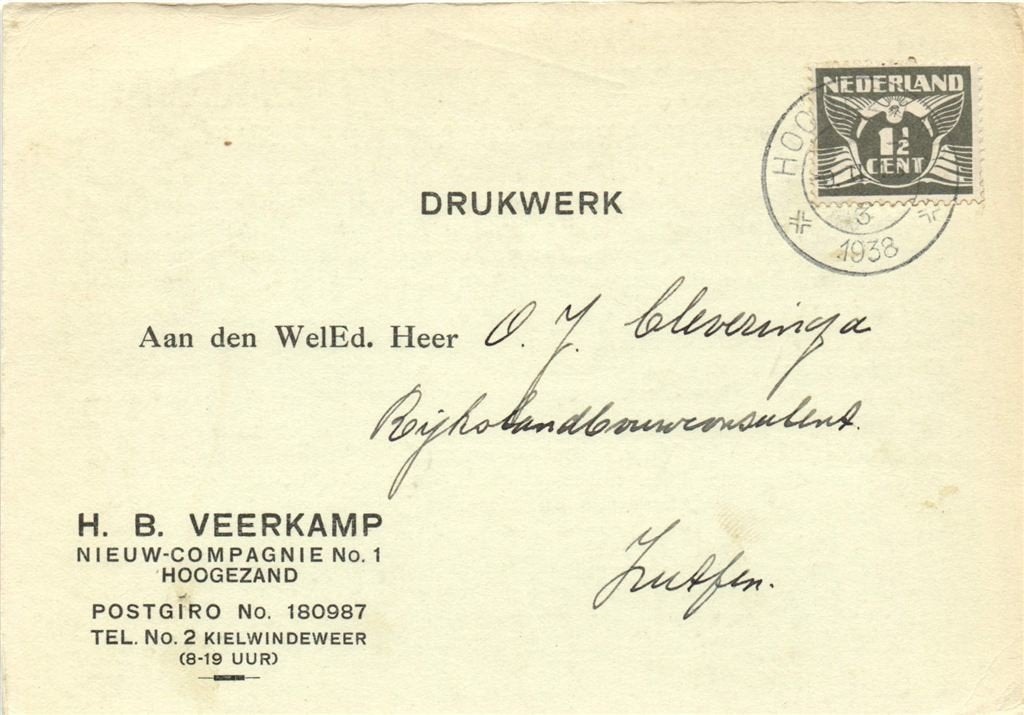 H.B. Veerkamp, Hoogezand - 02.1938 - drukwerk, Postzegels en Munten, Brieven en Enveloppen | Nederland, Ophalen of Verzenden, Briefkaart
