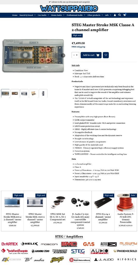 STEG Master Stroke MSK Classe A 2 kanaals versterker, Auto diversen, Hifi-Focus, Aalsmeerderweg 173 1432 CL, Aalsmeer, Nieuw, Ophalen of Verzenden