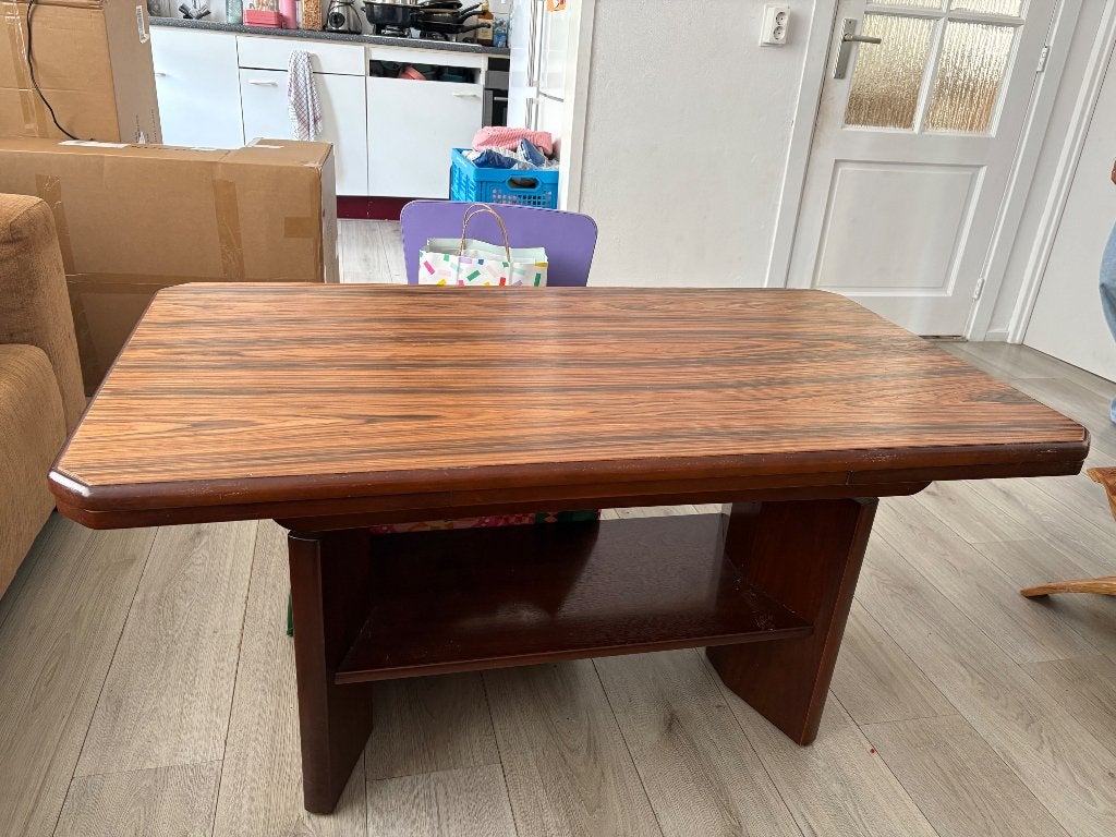 Salontafel bruin in hoogte verstelbaar en uitschuifbaar, Ophalen, 50 – 75, Gebruikt, 100 tot 150 cm