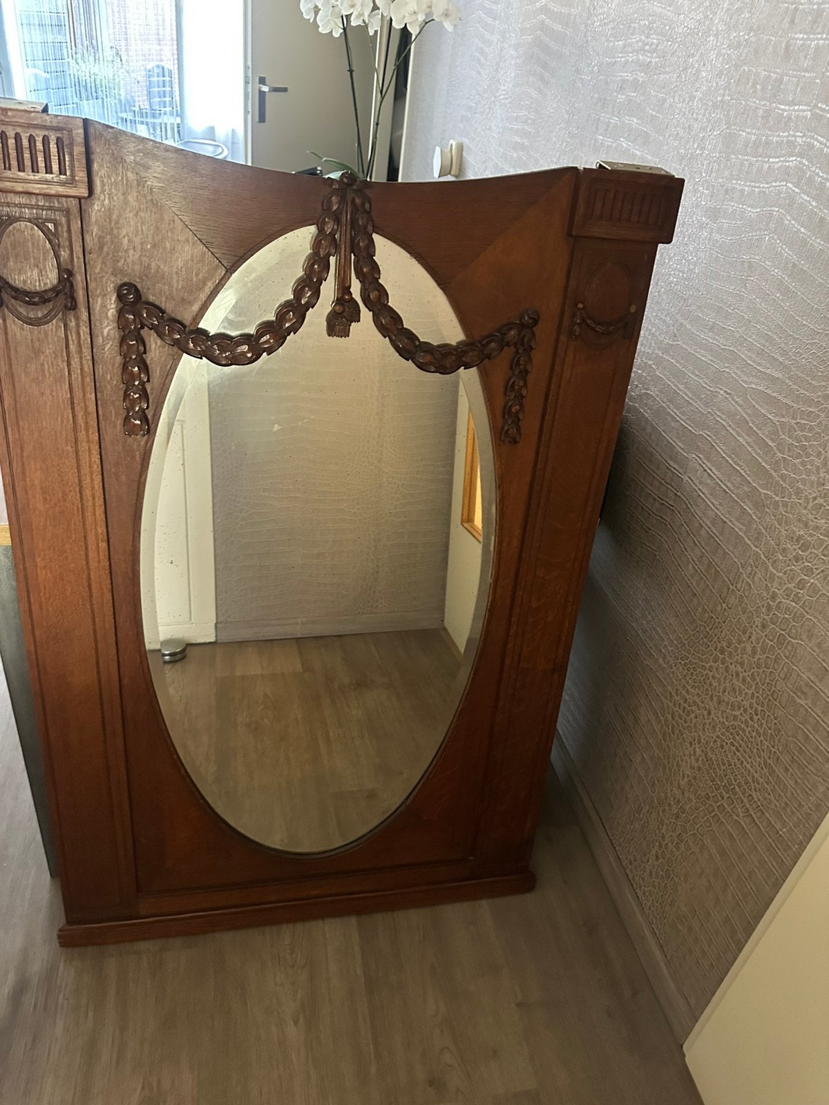 Prachtige vintage houten spiegel, Antiek en Kunst, Ophalen, Rechthoekig