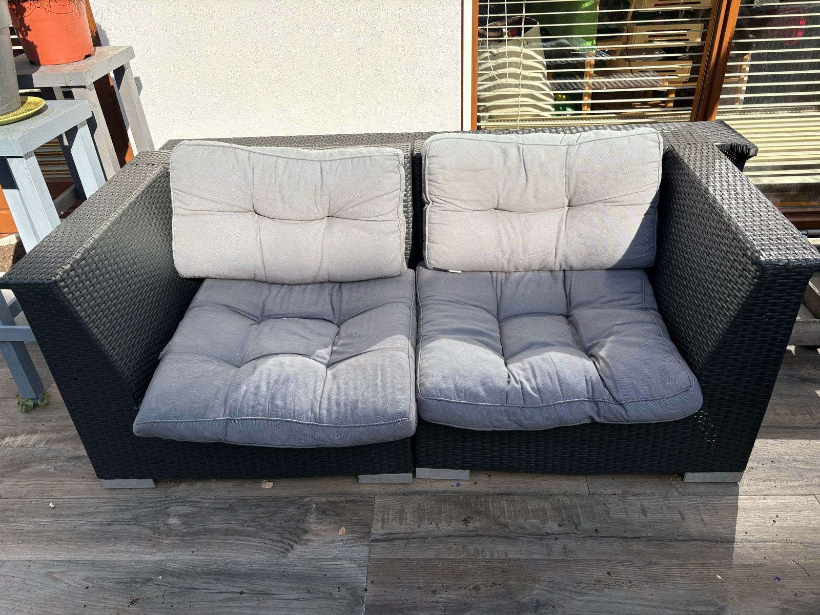 donkergrijze Loungeset met Kussens - 2-zitsbank & 2 Stoelen, Ophalen, 4 zitplaatsen, Gebruikt, Loungeset