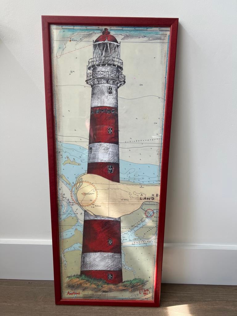Ingelijste print vuurtoren Ameland, gesigneerd 1996, Ophalen, Oorspronkelijke maker, 75 cm of meer, 50 tot 75 cm