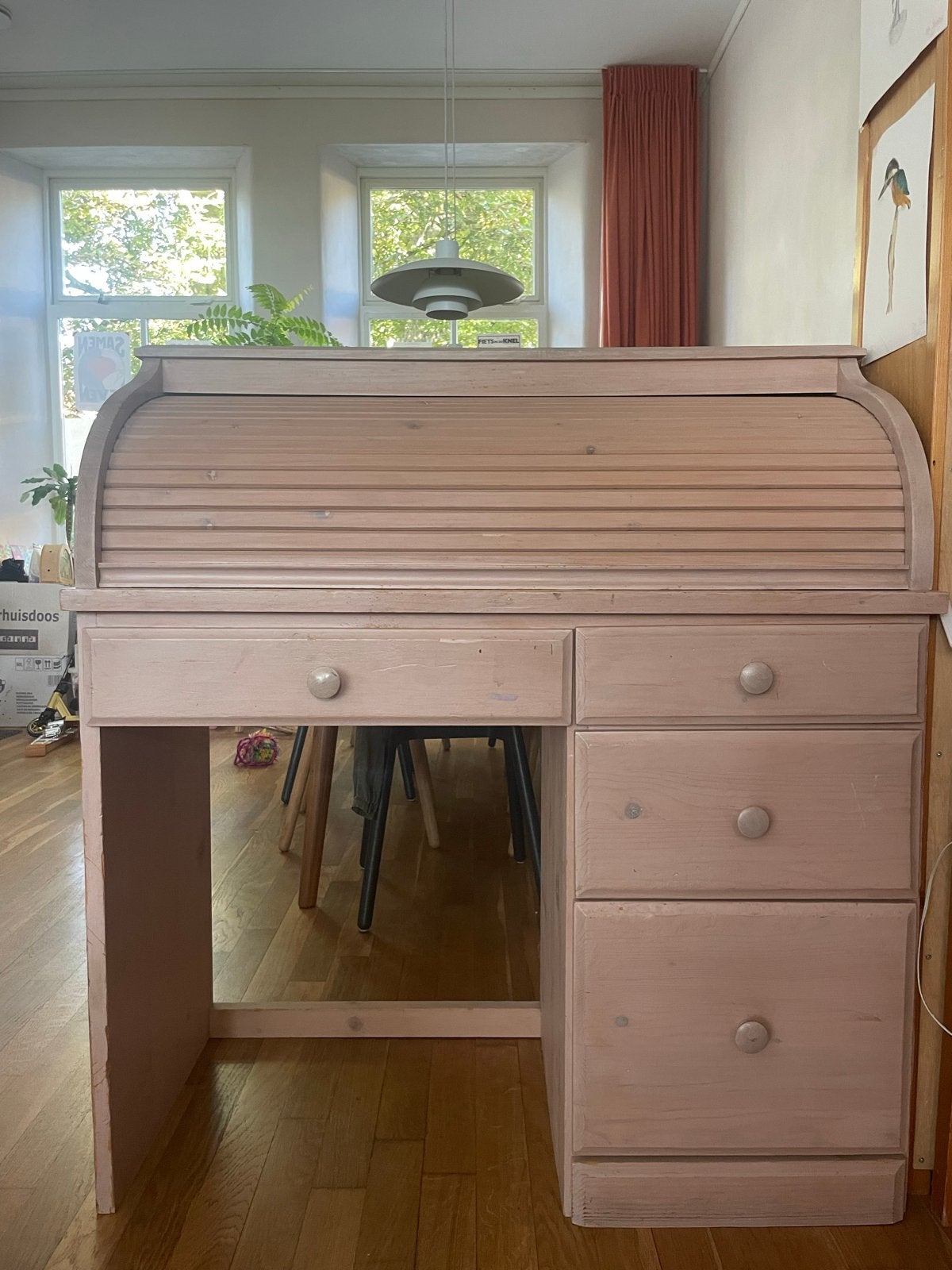 Vintage Secretaire / Roltopbureau - whitewash, Ophalen, Gebruikt, 48 cm, Secretaire