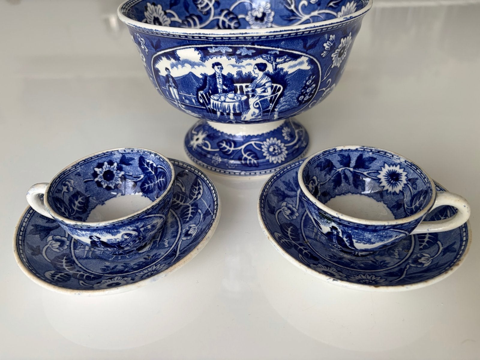 Vintage Tea Drinker kopjes, schoteltjes en kom - Blauw/Wit, Antiek en Kunst, Ophalen of Verzenden