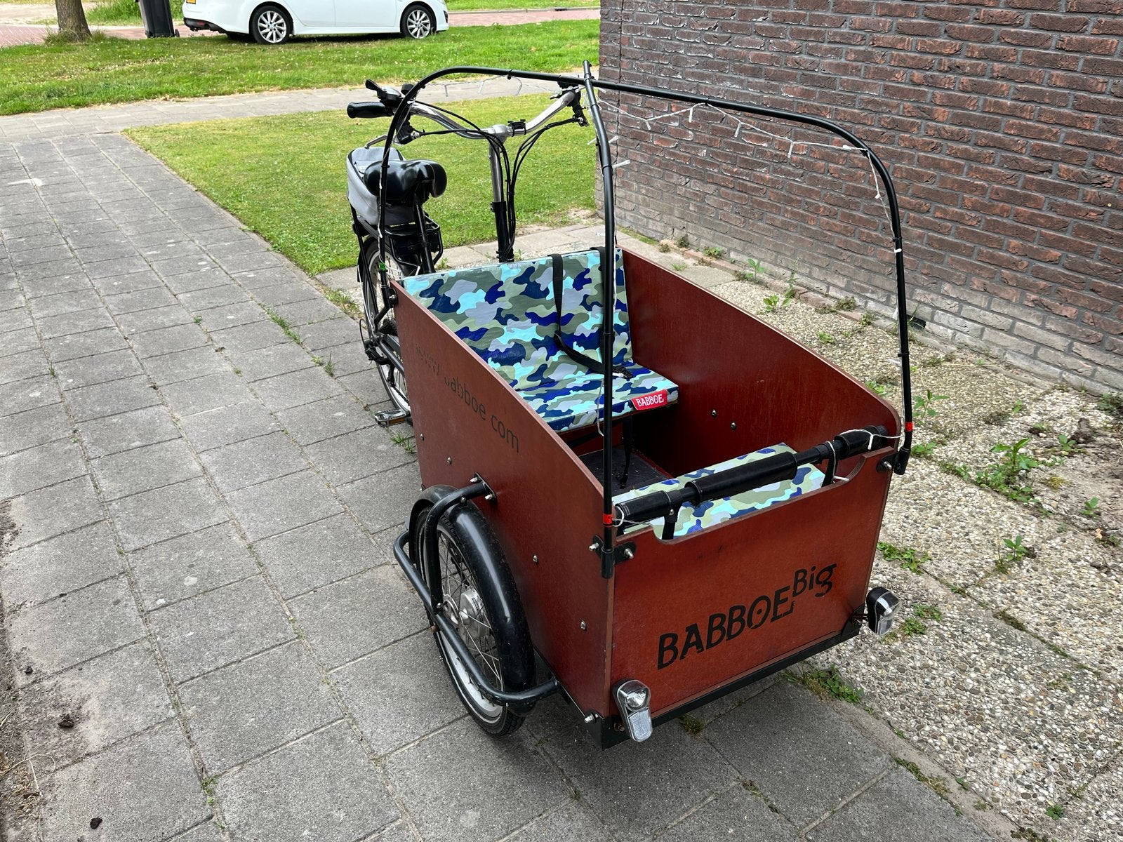 Babboe Big bakfiets met huif en zitkussens, Ophalen, 4 kinderen of meer, Gebruikt, Huif