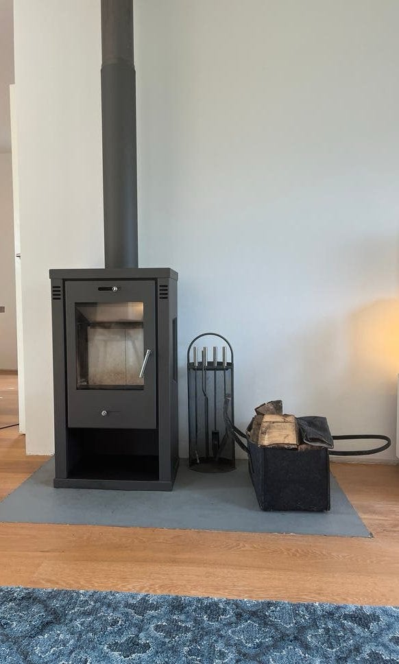 Houthaard driezijdig glas met pijp en accessoires - Gebruikt, Ophalen, Gebruikt, Vrijstaande haard, Houthaard