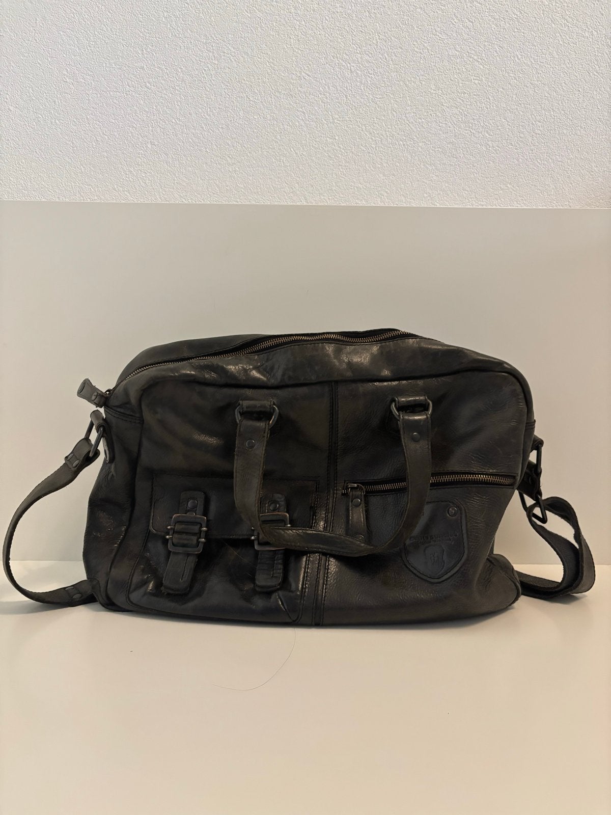 Aunts & Uncles Leren Schoudertas/Laptoptas Zwart, 40 tot 60 cm, Gebruikt, 20 tot 30 cm, Zwart