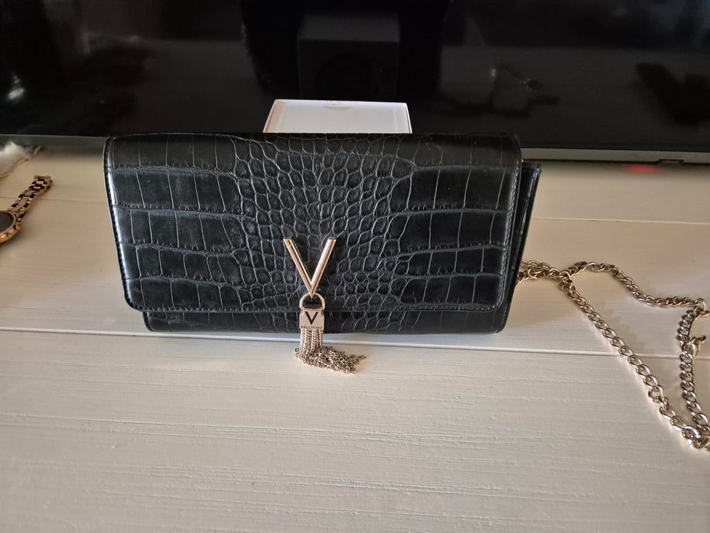 Zwarte Valentino tas met krokodillenprint en zilvere details, Ophalen of Verzenden, Zwart