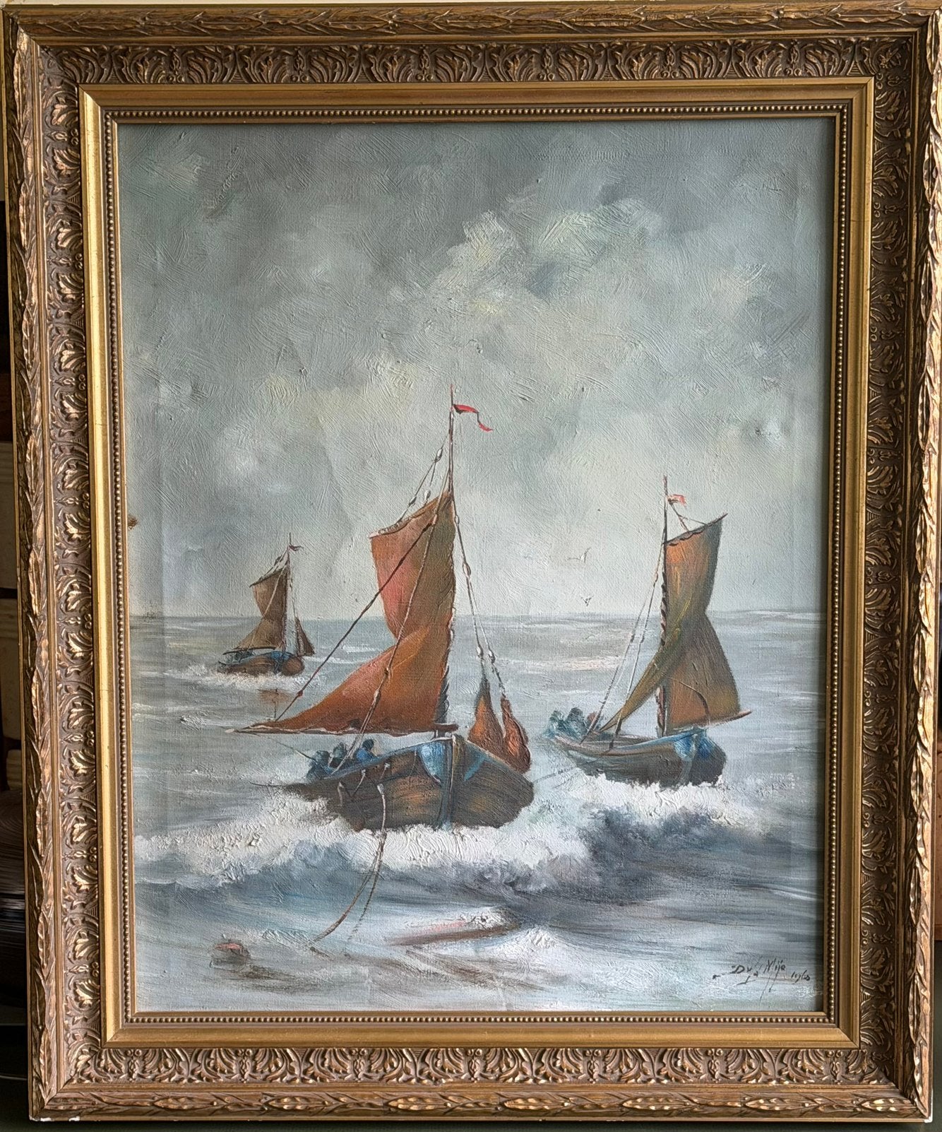 D. v/d Mije. Botters in de branding, Maritiem / water, Doek, Gesigneerd, Ophalen of Verzenden
