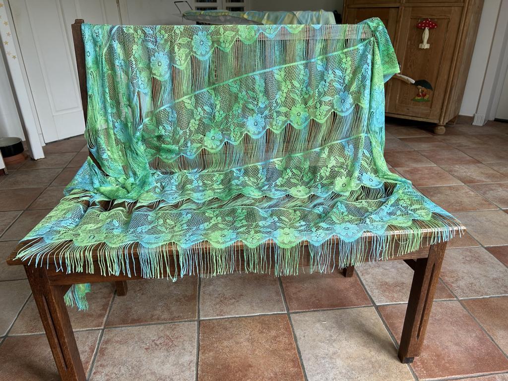 Lap stof vitrage groen blauw bloemen franje, Overige materialen, Overige kleuren, 120 cm of meer, Nieuw