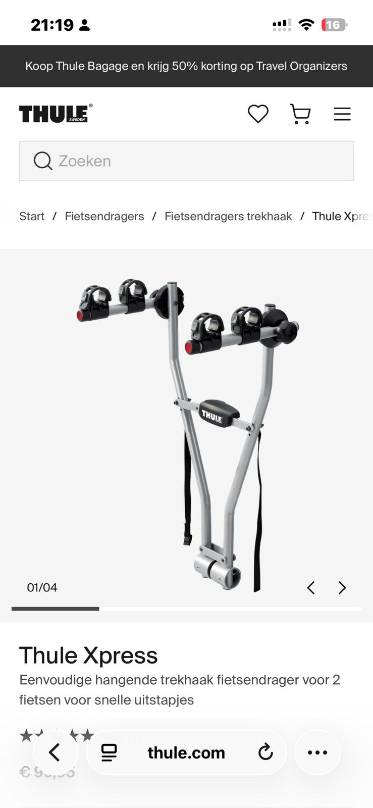 Thule Xpress 970 fietsendrager voor op de trekhaak, Ophalen of Verzenden, Zo goed als nieuw, Trekhaakdrager