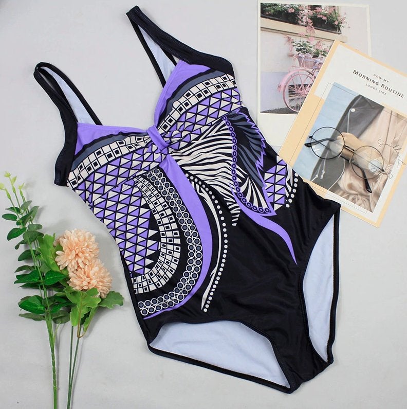 Paars zwart retro badpak vintage dames vrouwen badkleding, Kleding | Dames, Verzenden, Nieuw, Meerkleurig, Badpak