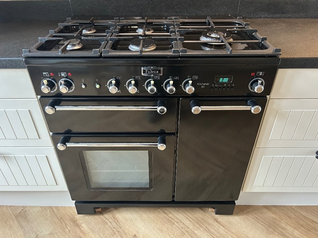 Falcon Kitchener 90 cm | 5-pits gasfornuis | 3 ovens | Zwart, Ophalen, Gebruikt, 60 cm of meer, Gas