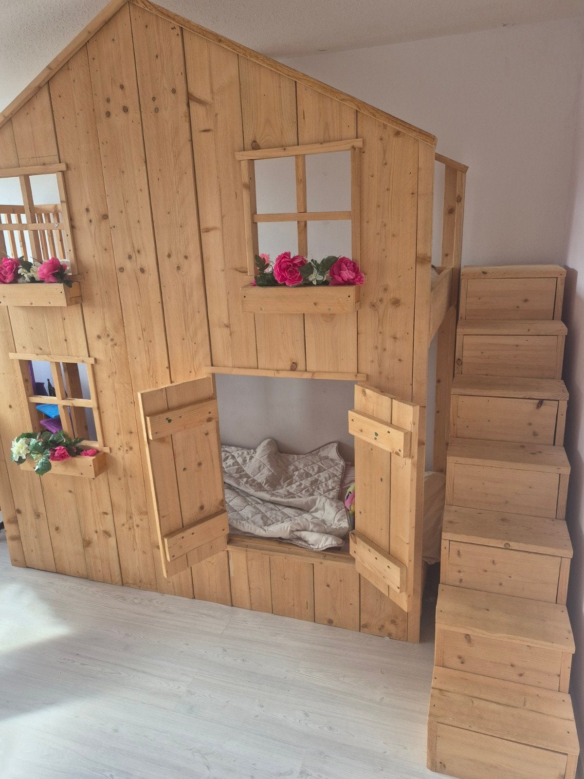 Stapel bed van steiger hout met glijdbaan en trap, Ophalen of Verzenden, Zo goed als nieuw, 180 cm of meer, 85 tot 100 cm