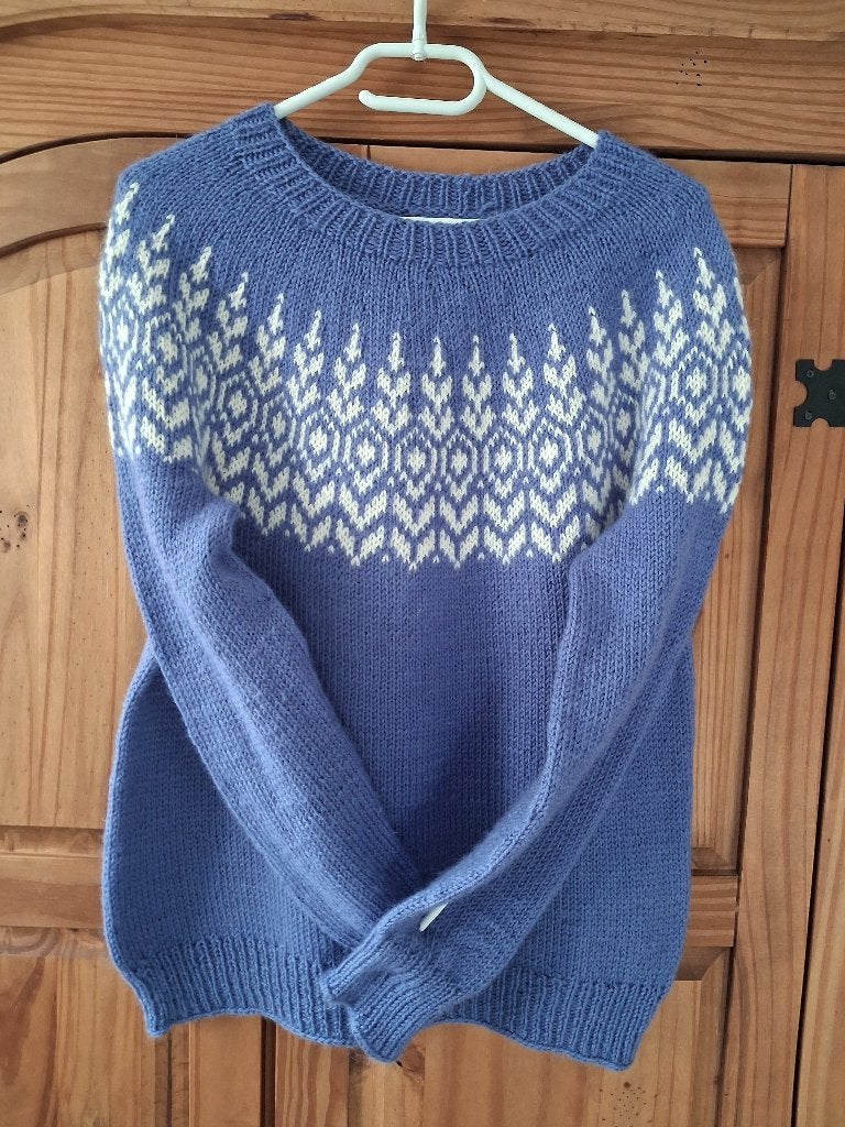 Handgebreide trui van 100% Noorse wol (Sandnes Garn), Maat 38/40 (M), Blauw, Ophalen of Verzenden, Zo goed als nieuw
