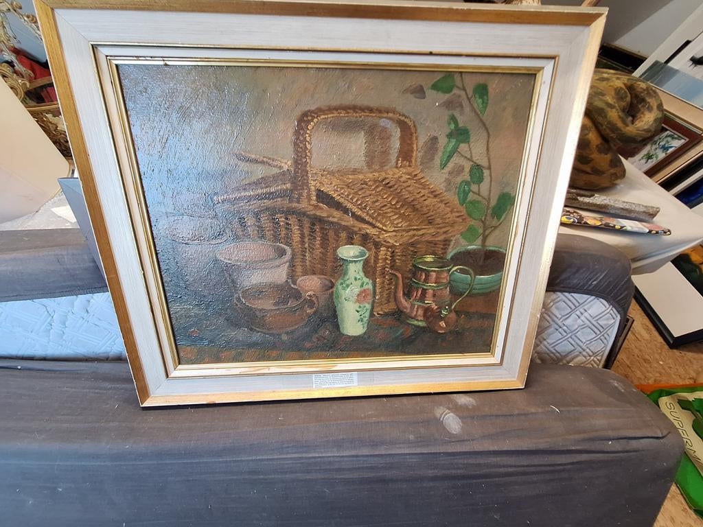 Olieverfschilderij henk willems Stilleven met mand en kannen, Antiek en Kunst, Kunst | Schilderijen | Klassiek, Ophalen