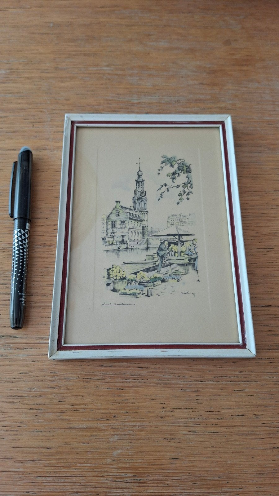 Vintage ingekleurde prent Amsterdam, Antiek en Kunst, Kunst | Tekeningen en Foto's, Verzenden