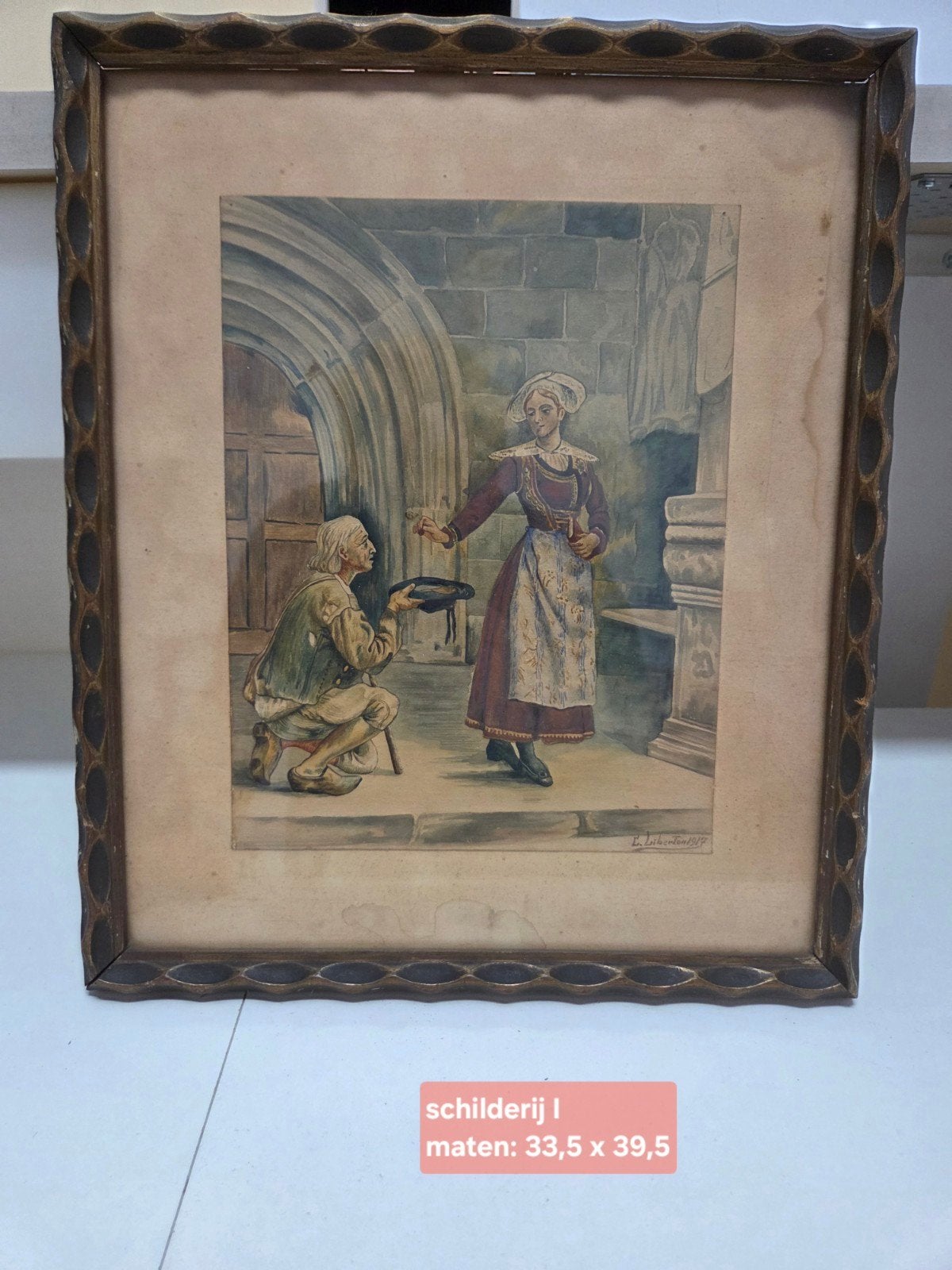 Antieke aquarel: Bedelaar en Vrouw, gesigneerd 1947, Antiek en Kunst, Kunst | Schilderijen | Klassiek, Ophalen, Portret of Personen