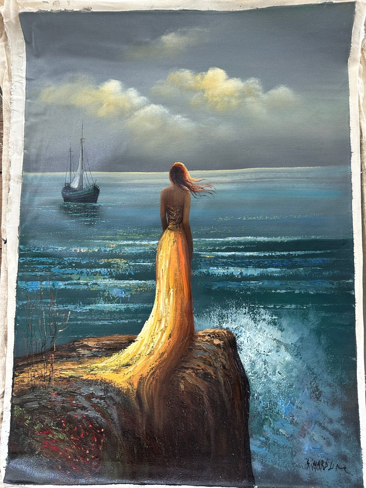 Vrouw aan Zee met Zeilschip - Olieverfschilderij 50x70, Antiek en Kunst, Kunst | Schilderijen | Klassiek, Maritiem / water, Doek