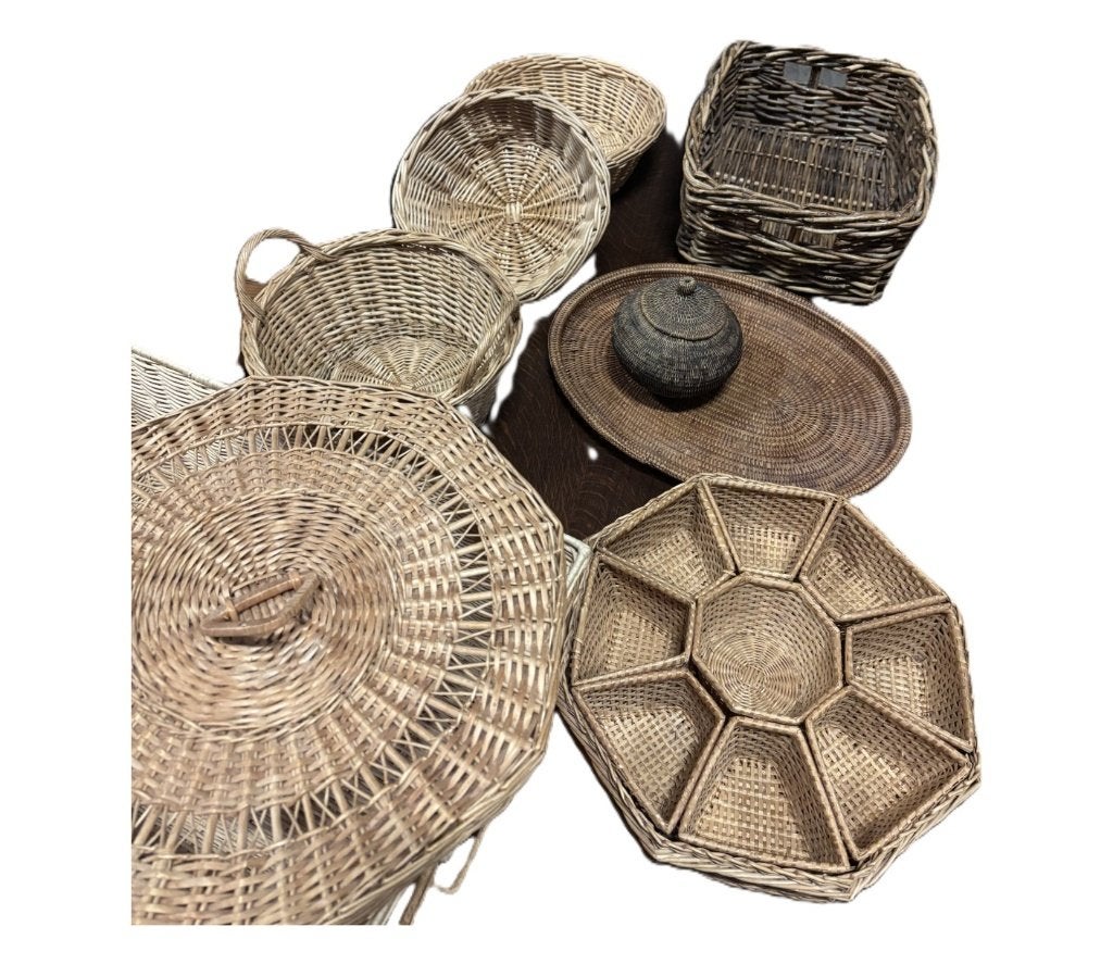 Set van 8 rieten manden en schalen met hapjesmand, Gebruikt, Niet bekend (tweedehands product), Ophalen of Verzenden, Niet bekend (tweedehands product)