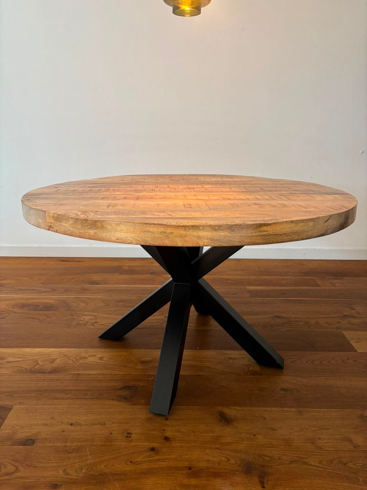 Ronde mangohouten eettafel, Ophalen, Zo goed als nieuw, Rond, 100 tot 150 cm