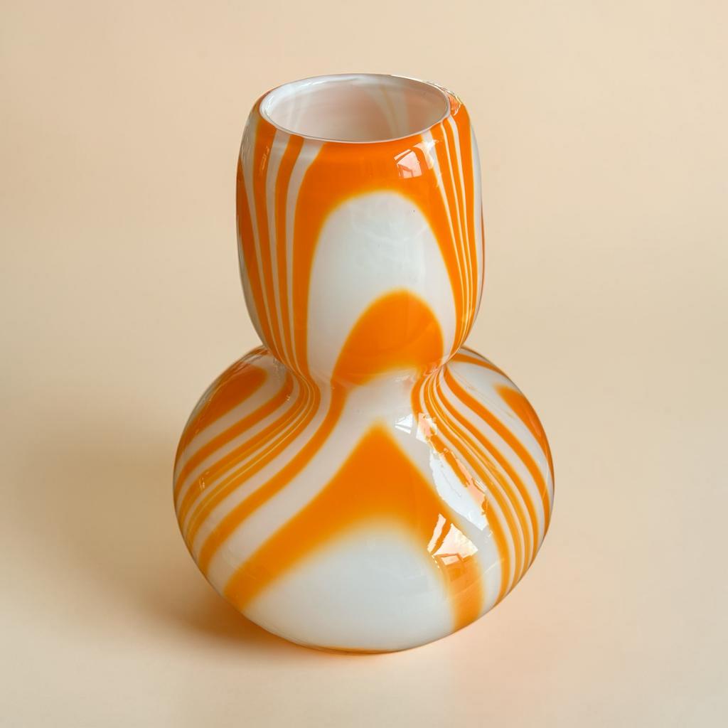 Carlo Moretti Vintage Murano Glazen Vaas Oranje/Wit, Ophalen