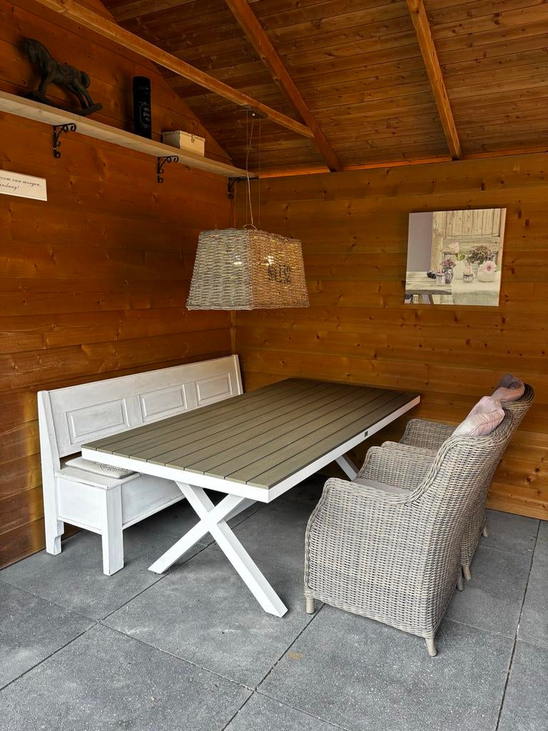 Gezellige tuinset met klepbank en rotan stoelen, Ophalen, Zo goed als nieuw, Overige materialen, 4 zitplaatsen