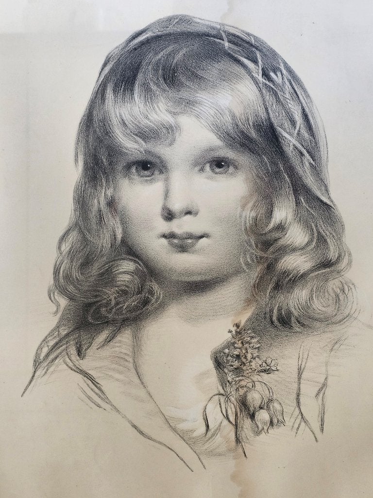 Prachtige antieke grisaille PORTRET TEKENING meisje, Antiek en Kunst, Kunst | Schilderijen | Klassiek, Ophalen of Verzenden