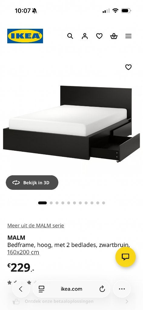 Ikea MALM bed 2 lades 160x200, Ophalen, Zwart, Tweepersoons, Zo goed als nieuw