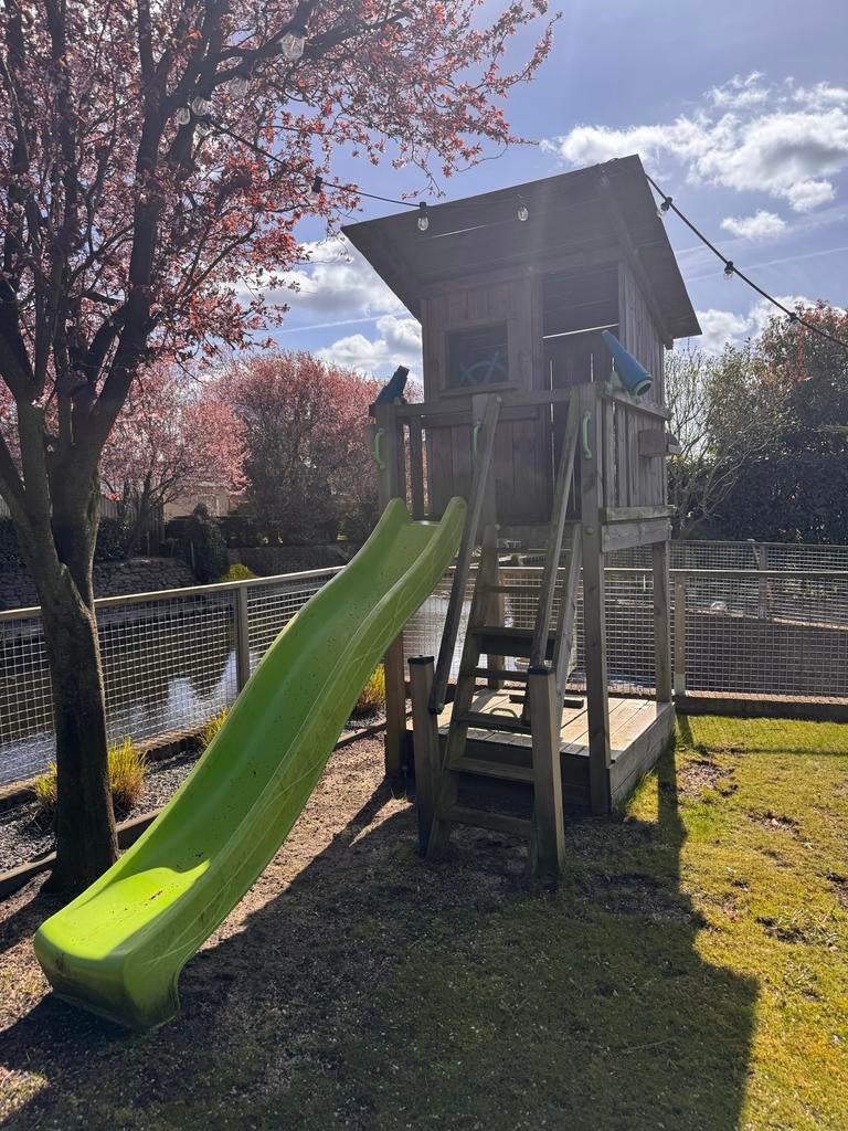 Houten Speelhuisje met Glijbaan en Zandbak + Accessoires, Tuin en Terras, Ophalen, Gebruikt, Schuur