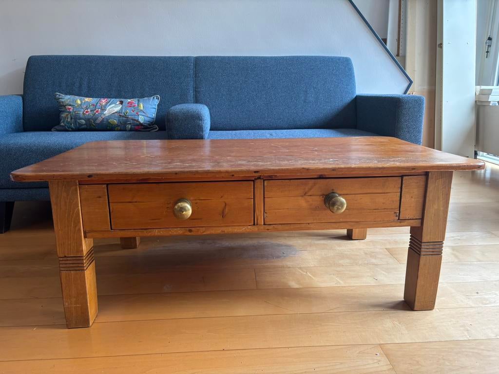 Grenen salontafel met 2 diepe lades en kooeren knoppen, Ophalen, Gebruikt, 100 tot 150 cm, 50 tot 100 cm