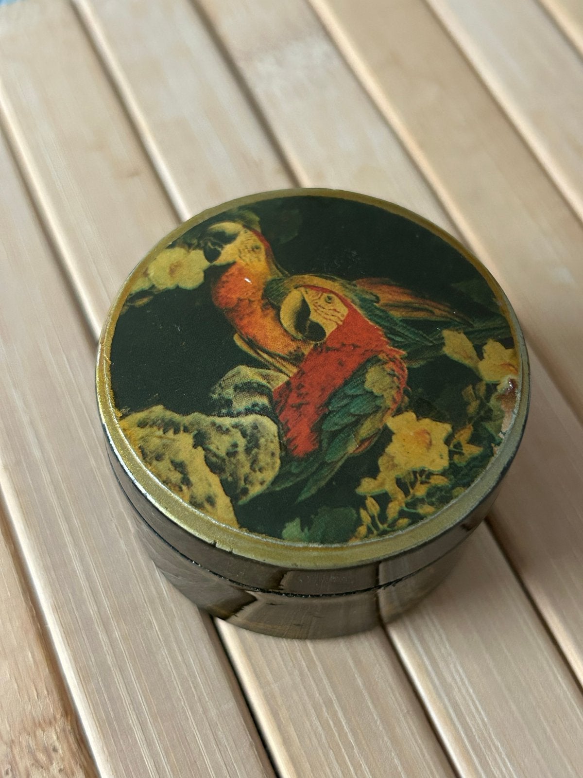 Vintage sieradendoosje met papegaaienprint, Gebruikt, Meerkleurig, Ophalen of Verzenden, Vintage