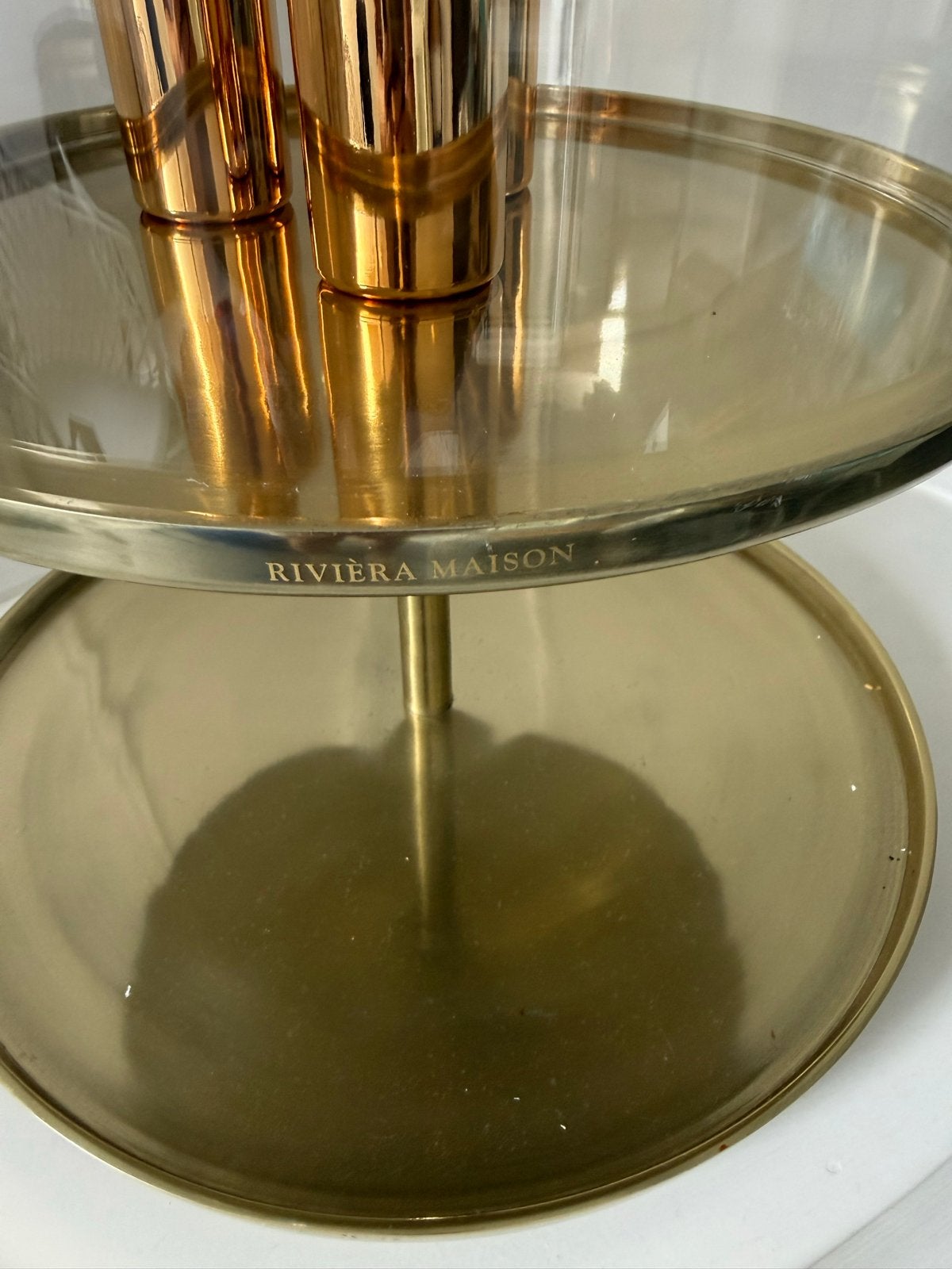 Riviera Maison etagere met glazen stolp, Ophalen of Verzenden, Zo goed als nieuw, Goud, Metaal