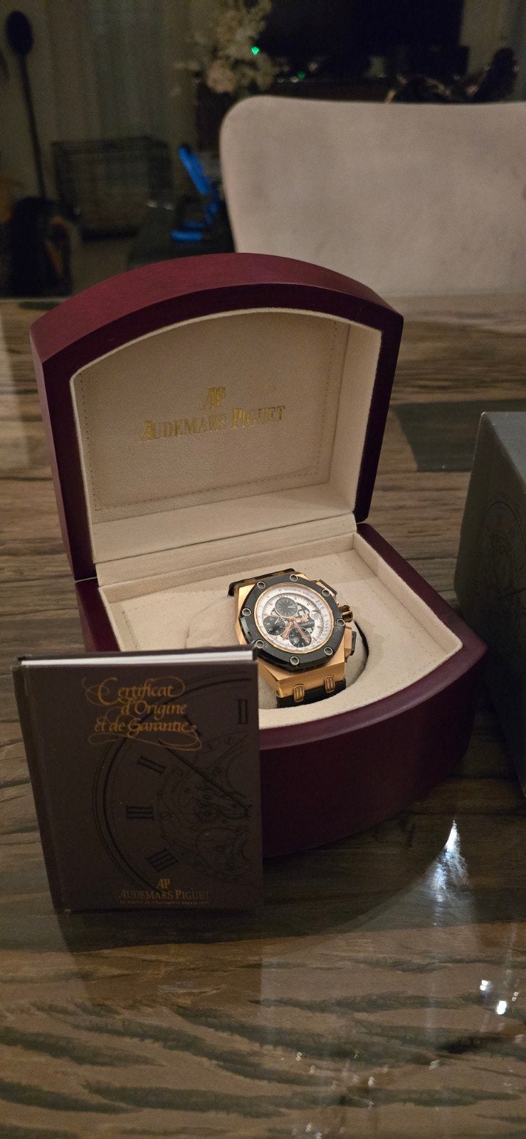 Audemars piguet royal oak offshore rubens barrichello 44mm, Leer, Polshorloge, Zo goed als nieuw, Goud