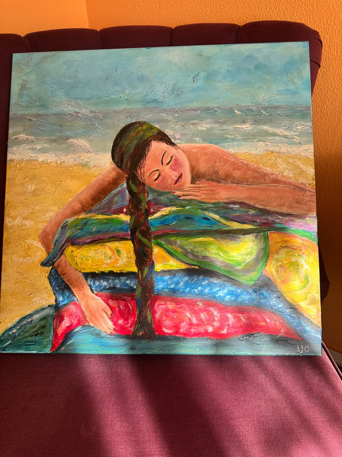 Schilderij op doek meisje op strand aan zee, Ophalen of Verzenden