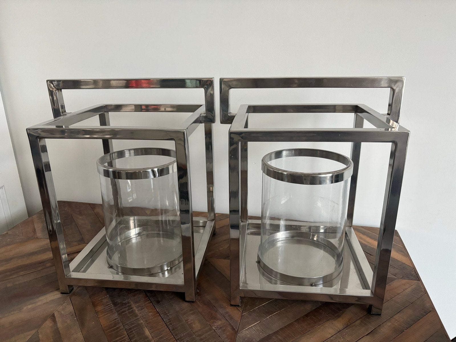 Set van 2 windlichten chroom, Lantaarn, Ophalen of Verzenden, Zo goed als nieuw, Metaal