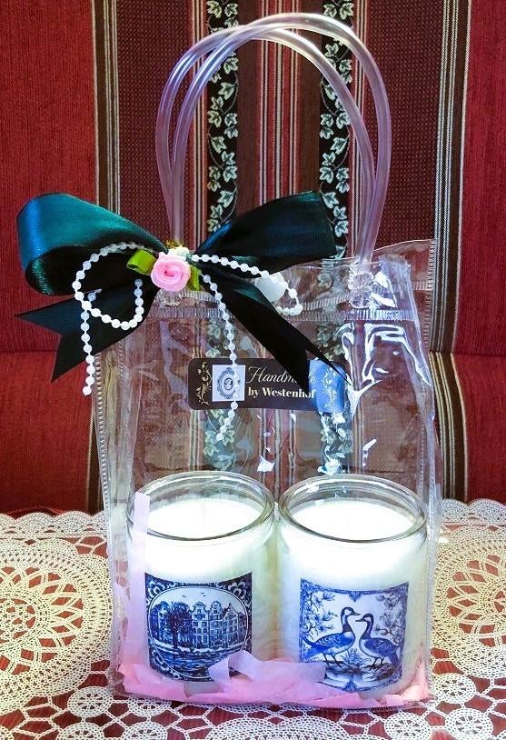 5x Set - giftset - cadeaus - kaarsen in glazen delfts blauw, Overige materialen, Verzenden, Wit, Nieuw