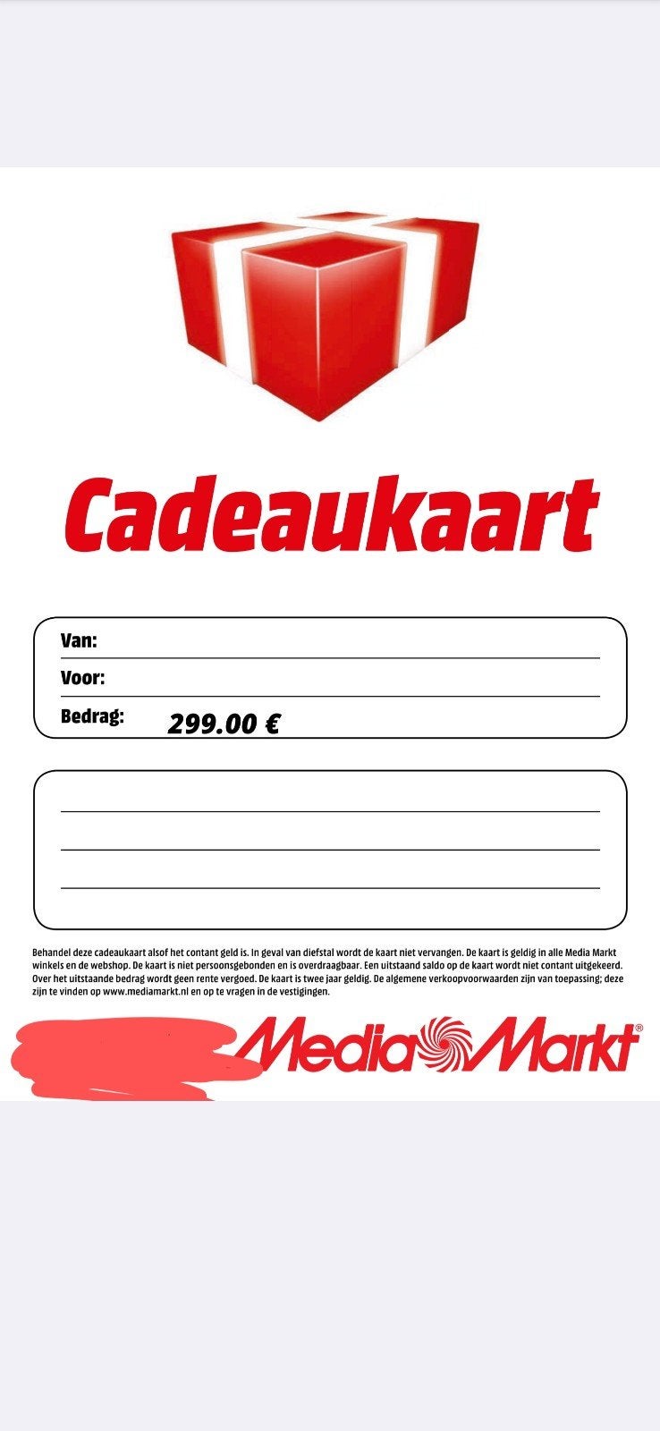 MediaMarkt gift card €299 for €230, Eén persoon, Cadeaubon, Arrangement, Overige typen