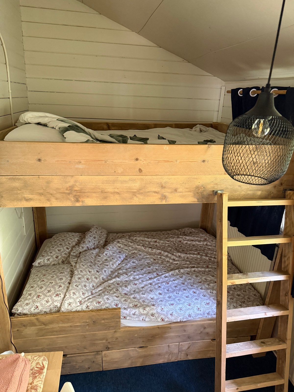 Dubbel 2 persoons steigerhouten stapelbed met opberglade, Huis en Inrichting, Ophalen, Gebruikt, 160 tot 180 cm, Tweepersoons