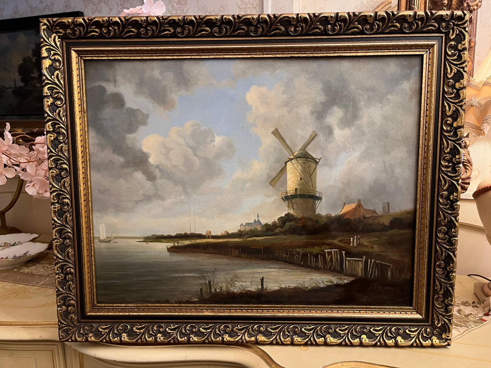 Antiek groot olieverf schilderij, Ophalen of Verzenden