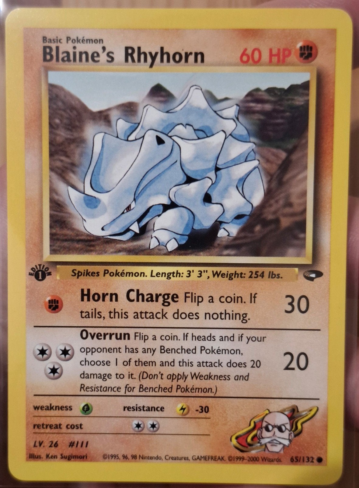 Blaine's Rhyhorn 1st edition pokemonkaart!, Ophalen of Verzenden, Zo goed als nieuw