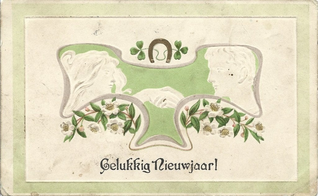 Antiek*Gelukkig Nieuwjaar*Art Nouveau stijl*Man*vrouw*handen, Ophalen of Verzenden, Voor 1920, Gelopen, Feest(dag)