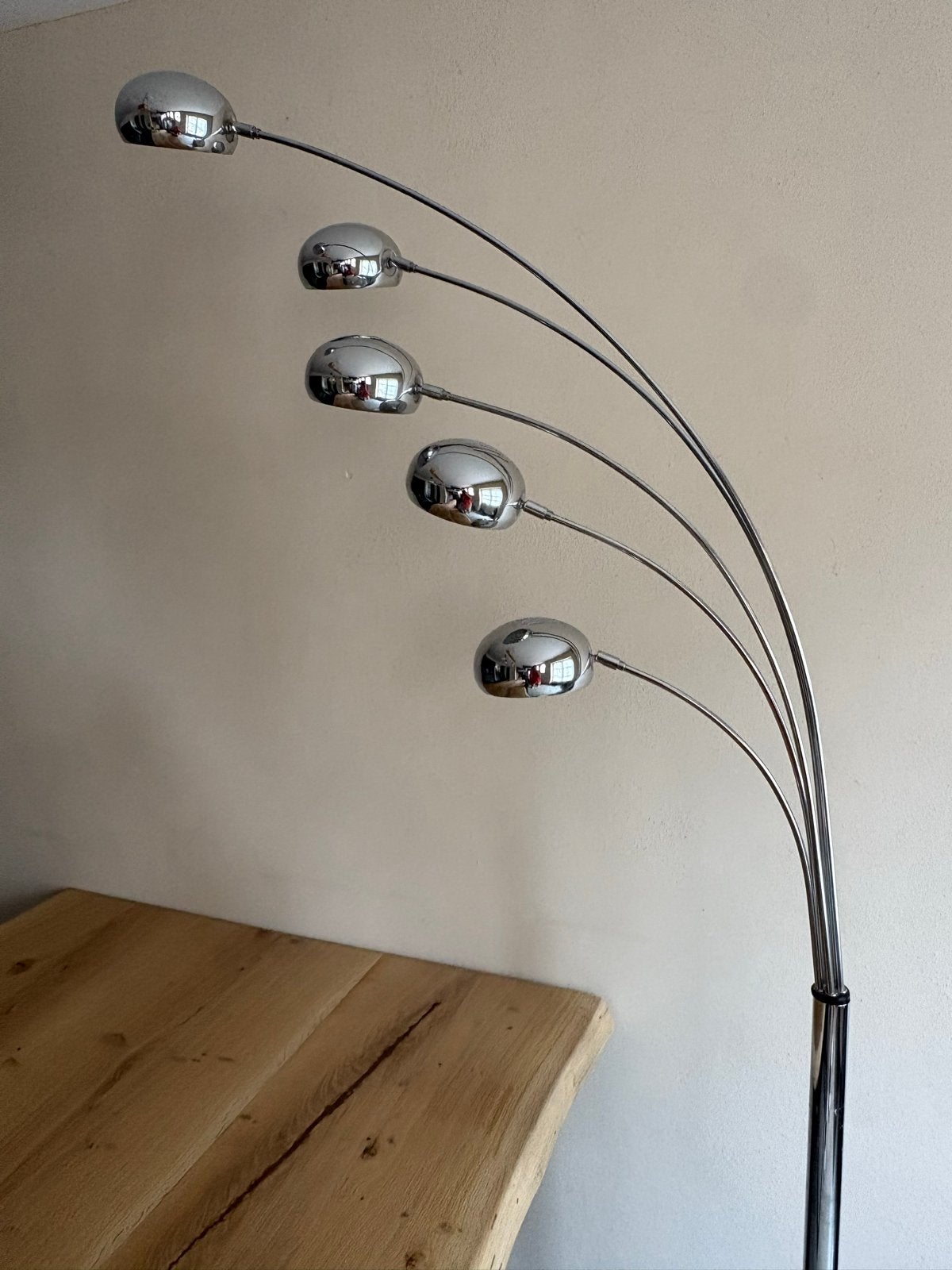 Moderne booglamp met 5 bollen en marmeren voet, Huis en Inrichting, Ophalen, Gebruikt, 200 cm of meer, E14 (klein)