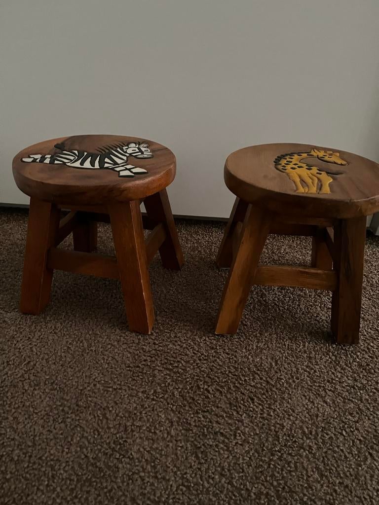 Set van 2 houten krukjes met dierenprint - Zebra & Giraffe, Ophalen, Gebruikt, Hout
