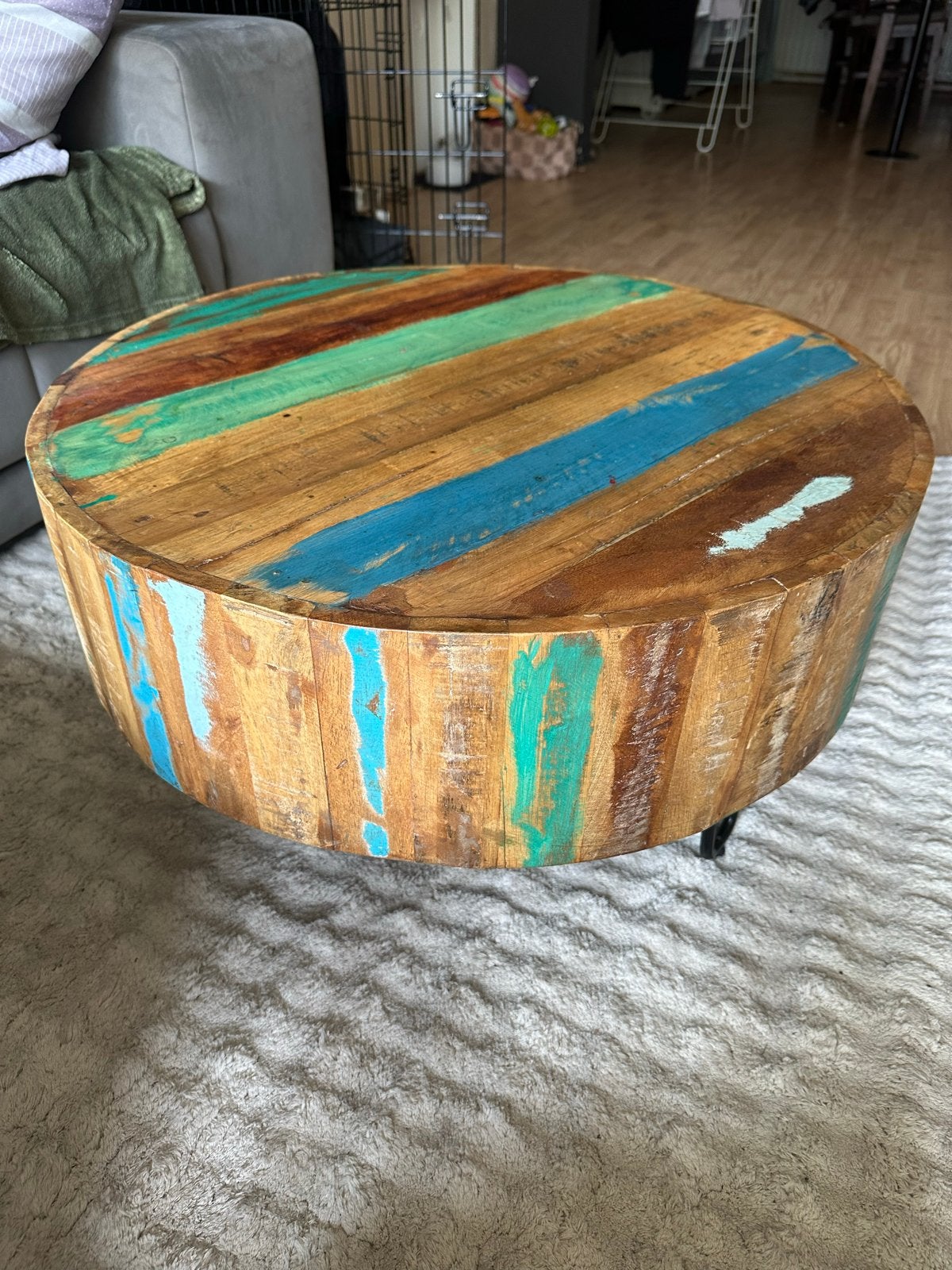 Ronde salontafel van gerecycled hout - Dia 70, Hoog 40, Huis en Inrichting, Tafels | Salontafels, Ophalen, Gebruikt, Rond, 50 tot 100 cm